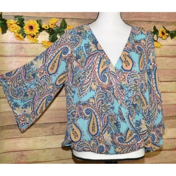 Veronica M. Ladies Paisley Faux Wrap V-Neck Blouse Top Size L Boho Colorful - Picture 4 of 10